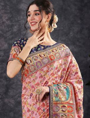 Pink ethnic motifs woven design zari banarasi saree with blouse 2