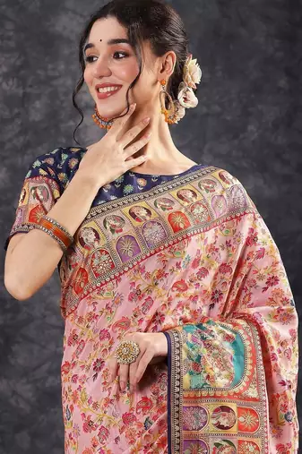 Pink ethnic motifs woven design zari banarasi saree with blouse