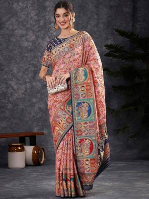Pink ethnic motifs woven design zari banarasi saree with blouse 3