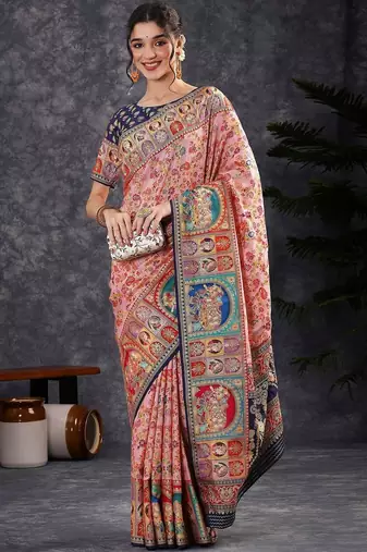 Pink ethnic motifs woven design zari banarasi saree with blouse