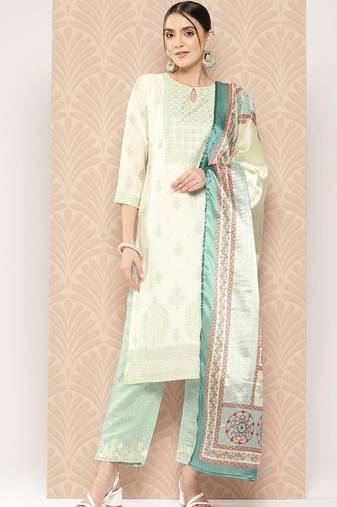 women ethnic motifs printed regular kurta with trousers & with dupatta