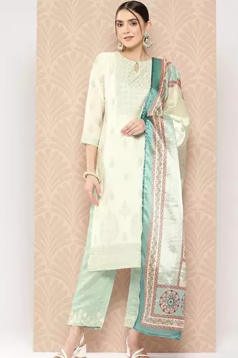 women ethnic motifs printed regular kurta with trousers & with dupatta