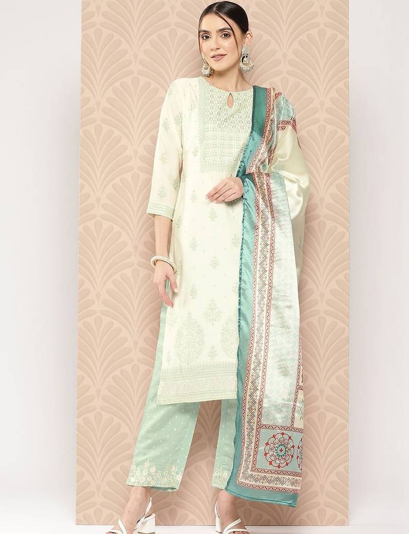 women ethnic motifs printed regular kurta with trousers & with dupatta