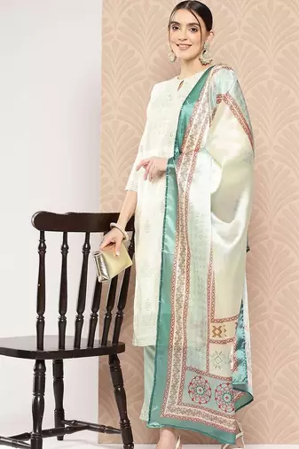 women ethnic motifs printed regular kurta with trousers & with dupatta