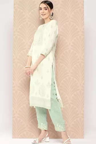 women ethnic motifs printed regular kurta with trousers & with dupatta