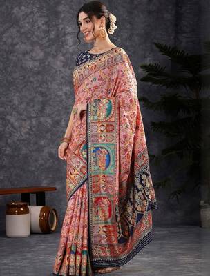 Pink ethnic motifs woven design zari banarasi saree with blouse 4