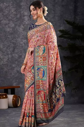 Pink ethnic motifs woven design zari banarasi saree with blouse