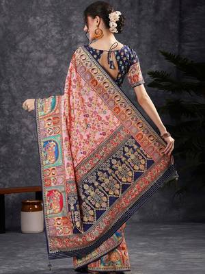 Pink ethnic motifs woven design zari banarasi saree with blouse 5
