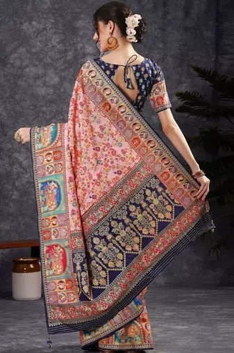 Pink ethnic motifs woven design zari banarasi saree with blouse