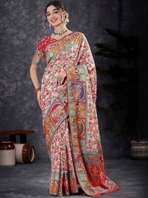 Cream floral silk blend designer banarasi saree 1