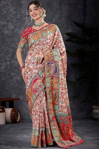 Cream floral silk blend designer banarasi saree