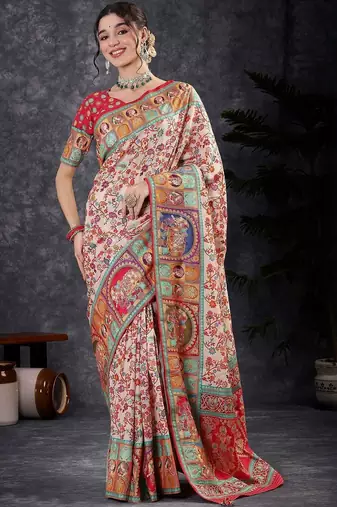 Cream floral silk blend designer banarasi saree
