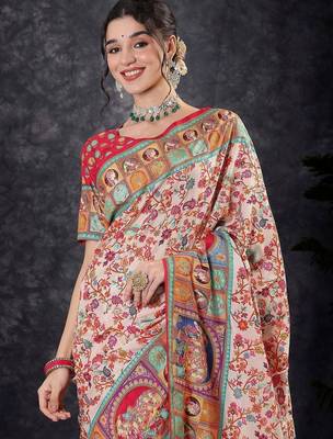 Cream floral silk blend designer banarasi saree 2