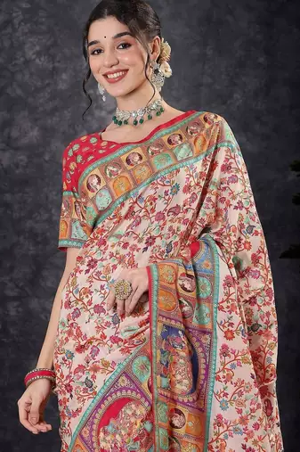 Cream floral silk blend designer banarasi saree