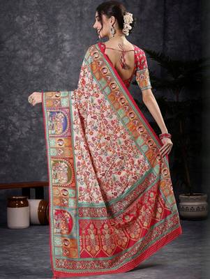 Cream floral silk blend designer banarasi saree 3