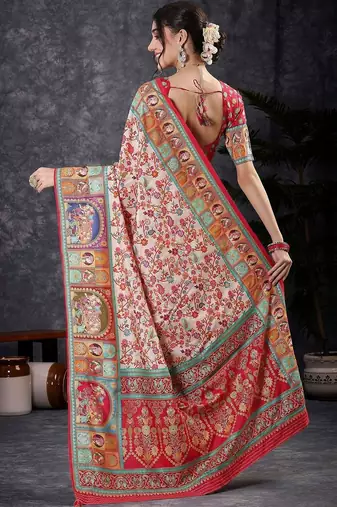 Cream floral silk blend designer banarasi saree