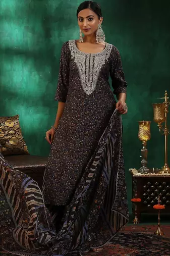 women floral printed regular thread work kurta with trousers & with dupatta