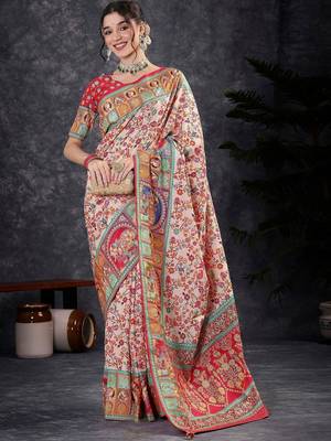 Cream floral silk blend designer banarasi saree 4