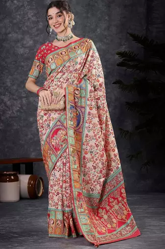 Cream floral silk blend designer banarasi saree