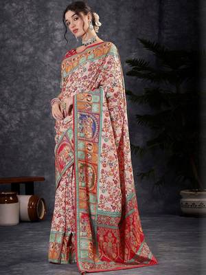 Cream floral silk blend designer banarasi saree 5