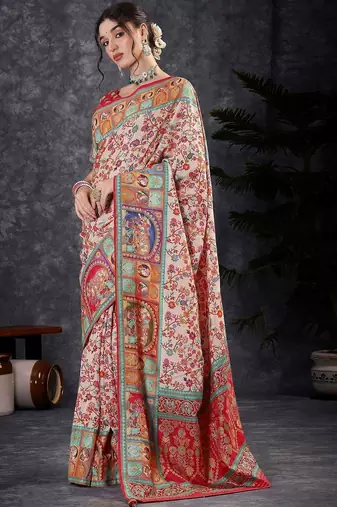 Cream floral silk blend designer banarasi saree