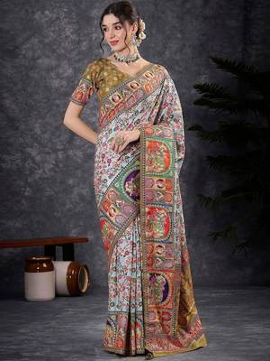 White ethnic motifs banarasi saree with matching blouse 1