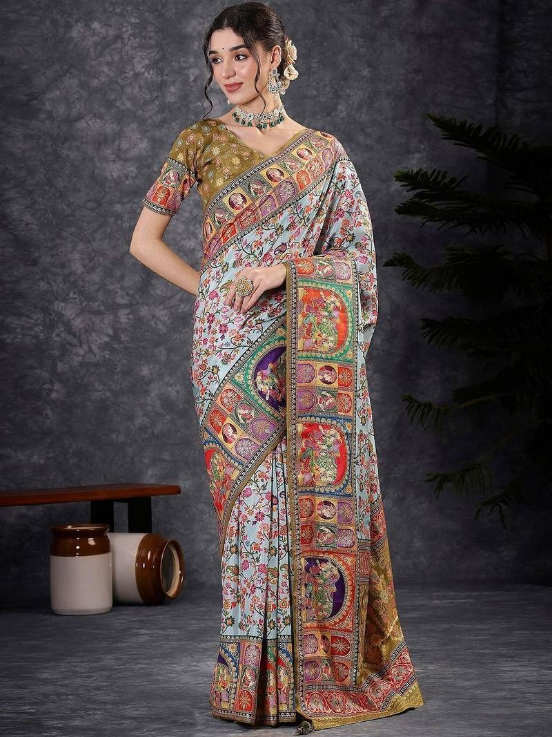 White ethnic motifs banarasi saree with matching blouse