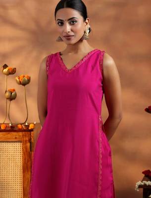 women regular thread work kurta with trousers & with dupatta 4