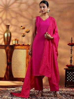 women regular thread work kurta with trousers & with dupatta 7
