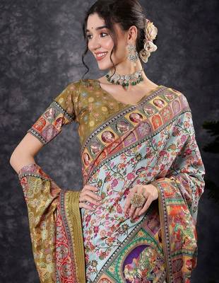 White ethnic motifs banarasi saree with matching blouse 2