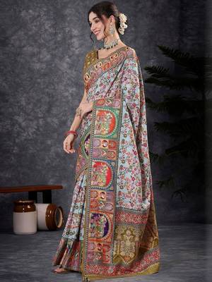 White ethnic motifs banarasi saree with matching blouse 3