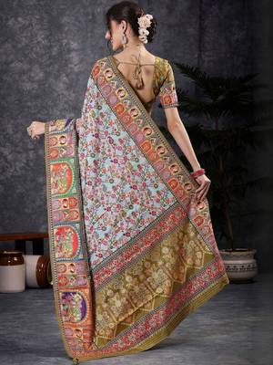 White ethnic motifs banarasi saree with matching blouse 4