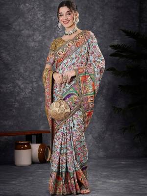 White ethnic motifs banarasi saree with matching blouse 5