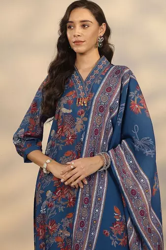 floral printed v-neck straight kurta with trousers & dupatta