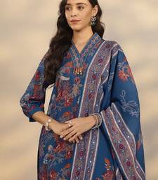 floral printed v-neck straight kurta with trousers & dupatta