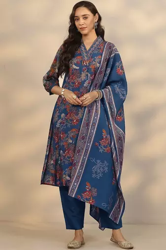 floral printed v-neck straight kurta with trousers & dupatta