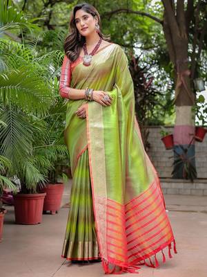 Green striped zari tissue banarasi saree 1