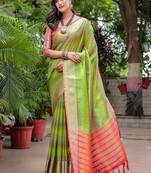 Green striped zari tissue banarasi saree