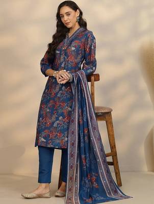 floral printed v-neck straight kurta with trousers & dupatta 6