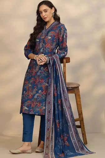 floral printed v-neck straight kurta with trousers & dupatta