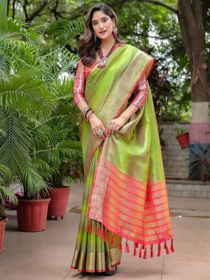 Green striped zari tissue banarasi saree 2