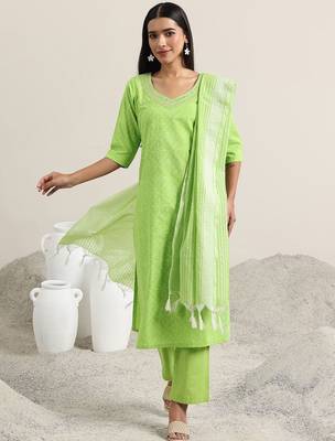 ethnic motifs printed v-neck thread work straight kurta with trousers & dupatta 1