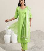 ethnic motifs printed v-neck thread work straight kurta with trousers & dupatta