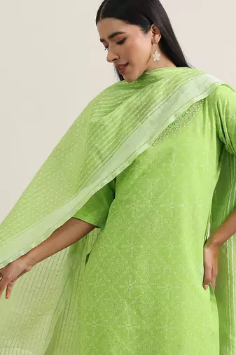 ethnic motifs printed v-neck thread work straight kurta with trousers & dupatta