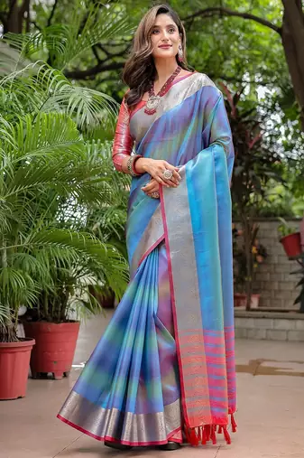 Blue woven design zari tissue banarasi saree