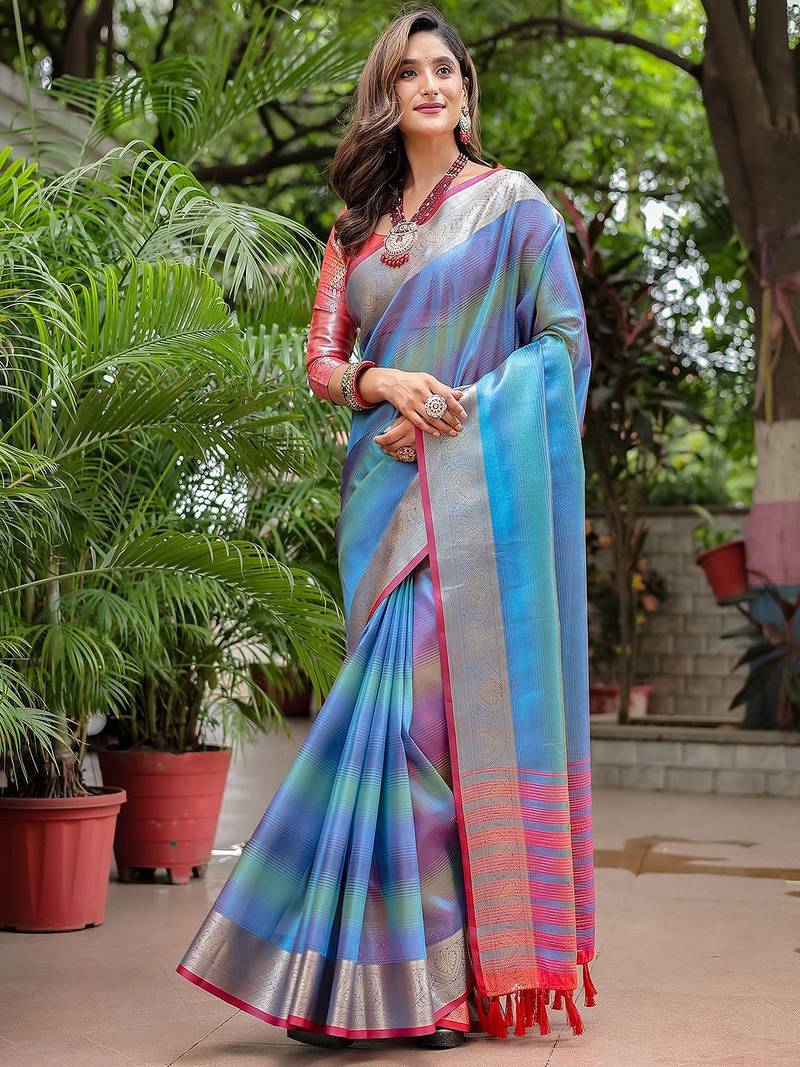 Blue woven design zari tissue banarasi saree
