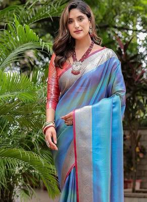 Blue woven design zari tissue banarasi saree 2