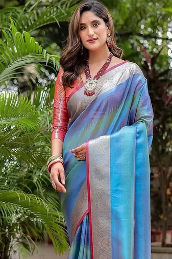 Blue woven design zari tissue banarasi saree