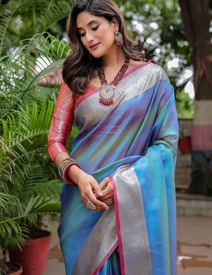 Blue woven design zari tissue banarasi saree 3