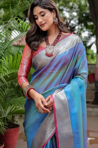 Blue woven design zari tissue banarasi saree